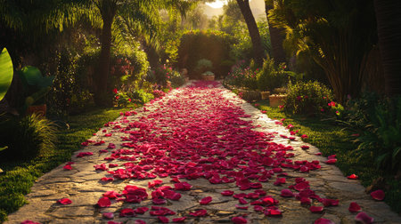 A rose petal-covered pathway leading through a lush garden, inviting exploration and serenity.の素材