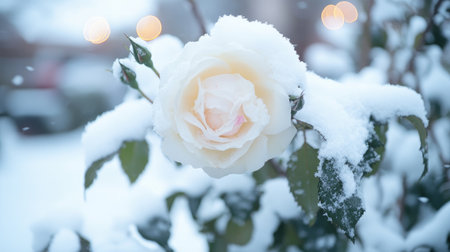 A rose bush covered in fresh snow, symbolizing contrast between the cold and the warmth of love.の素材