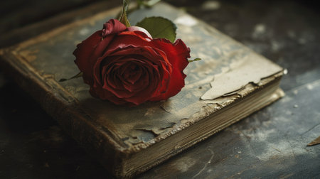 A rose pressed in an old book, symbolizing memories and the passage of time.の素材