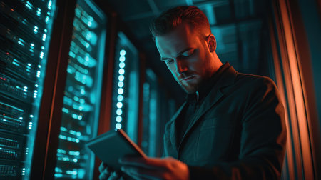 An IT specialist in a server room, focused on a tablet screen, performing critical tasks in a secure data center environment.の素材