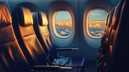 Empty airline seats bathed in soft light, windows revealing an expansive view of clouds, symbolizing comfort and relaxation.の素材