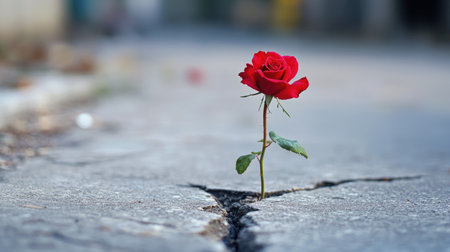 A single red rose defies the urban landscape, growing out of a crack in the concrete pavement, symbolizing resilience and beauty.の素材