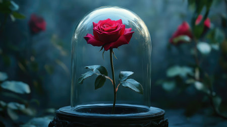 A single rose in a glass dome, evoking fairy tale imagery and timeless beauty.の素材