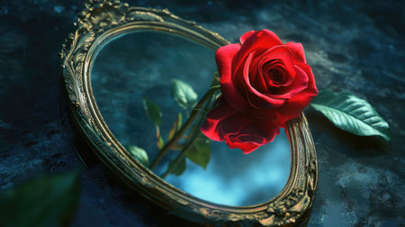 A rose reflected in a mirror, symbolizing duality and self-reflection.の素材