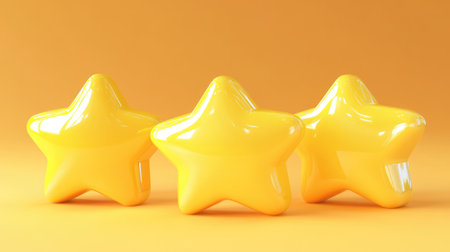 A set of five shiny yellow 3D stars, perfectly aligned to signify unparalleled quality and customer satisfaction.の素材