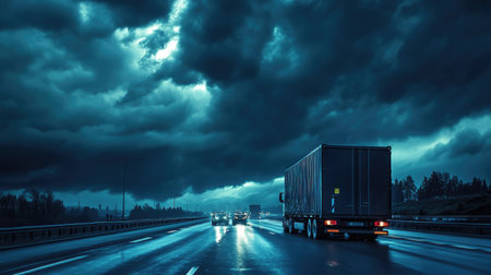 Cargo truck driving through a busy highway at night, with dark clouds looming overhead, highlighting the intensity of nighttime logisticsの素材