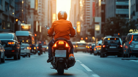 Efficient delivery in action: a motorcycle courier maneuvers through heavy city traffic, focusing on speed and reliability.の素材