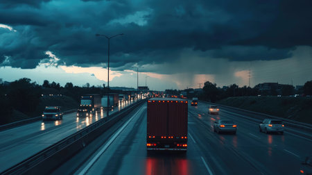 Cargo truck driving through a busy highway at night, with dark clouds looming overhead, highlighting the intensity of nighttime logisticsの素材