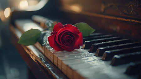 A single rose placed on a piano, symbolizing the intersection of music and love.の素材
