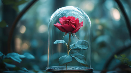 A single rose in a glass dome, evoking fairy tale imagery and timeless beauty.の素材