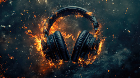 An intense explosion of fire and smoke from gaming headphones, representing a catastrophic malfunction in gaming tech.の素材