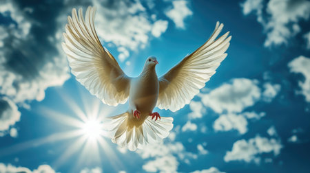 A white dove with open wings soars gracefully through a sunlit sky, symbolizing the Holy Spirit and divine inspiration.の素材