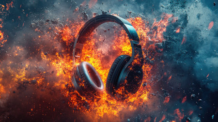 An intense explosion of fire and smoke from gaming headphones, representing a catastrophic malfunction in gaming tech.の素材