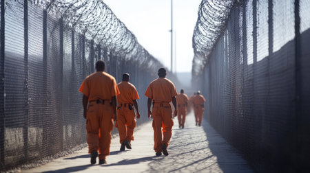 Prisoners stroll in the fenced yard of a correctional facility, under the supervision of guards, as part of their daily routine.の素材