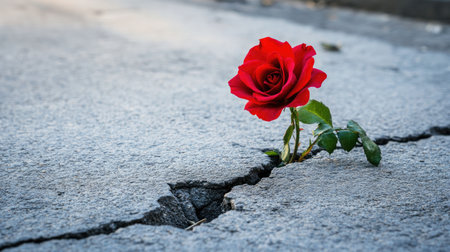 A vibrant red rose blooming through a crack in the grey concrete of a city street, standing out as a symbol of hope amidst urban life.の素材