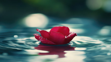 A single rose petal floating in water, symbolizing tranquility and reflection.の素材
