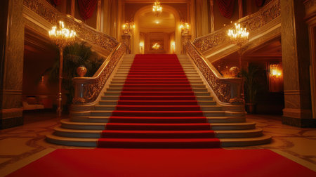 The red carpet rolls out to a staircase, with warm lights and curtains creating a majestic atmosphere for a special occasion.の素材