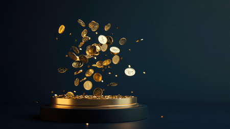 Gold coins explode from a podium, scattering in all directions, representing the overwhelming success of a major achievement.の素材