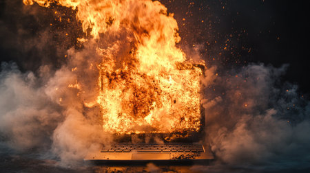 An intense explosion of fire and smoke emanates from a notebook, engulfing the device in flames and destruction.の素材