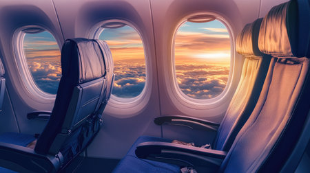 Empty airplane seats with soft lighting, windows revealing fluffy clouds, offering a peaceful, serene travel experience.の素材