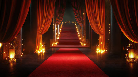 Red carpet stretching toward a set of stairs, with glowing lights and heavy curtains, setting the scene for an important event.の素材