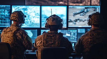 Soldiers in a command center watch multiple screens, coordinating efforts and responding to real-time developments in a military operation.の素材