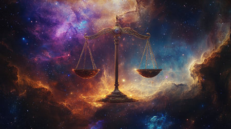 Libra zodiac sign floating in deep space, balanced between vibrant nebulas and glowing stars, symbolizing harmony and balance.の素材