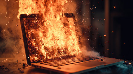 An intense explosion of fire and smoke emanates from a notebook, engulfing the device in flames and destruction.の素材