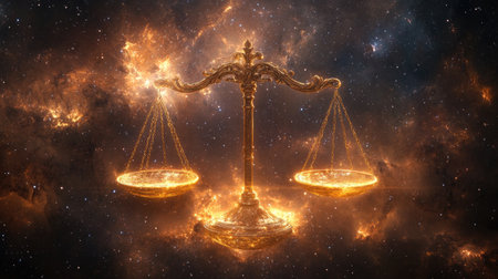 The symbol of Libra suspended in the vastness of space, enveloped by star clusters and ethereal nebulas, radiating balance.の素材