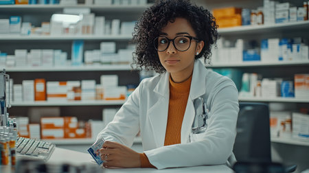 Pharmacist focused on selecting the correct medication, showcasing accuracy and expertise in prescription fulfillment.の素材