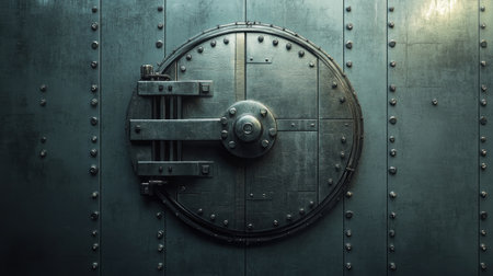The imposing, reinforced door of a bank vault, symbolizing unparalleled security and protection.の素材