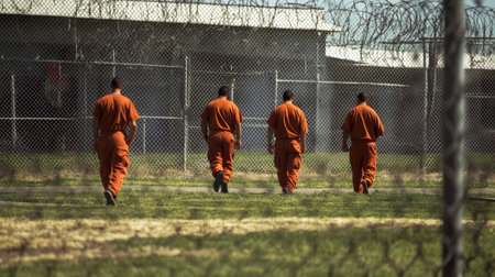 Prisoners stroll in the fenced yard of a correctional facility, under the supervision of guards, as part of their daily routine.の素材