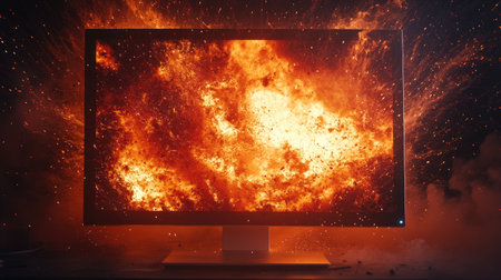 An intense explosion from a monitor, with fire and smoke enveloping the screen in a catastrophic failure.の素材