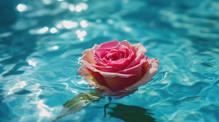 A rose floating in a clear blue pool, symbolizing peace and serenityの素材