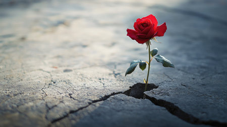 A single red rose defies the urban landscape, growing out of a crack in the concrete pavement, symbolizing resilience and beauty.の素材