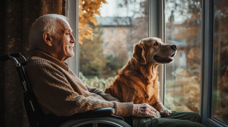 A senior man in a wheelchair with his faithful dog by his side, looking out the window of a nursing home, symbolizing companionshipの素材