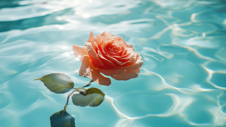 A rose floating in a clear blue pool, symbolizing peace and serenityの素材