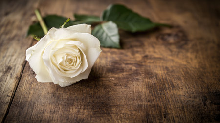 A solitary white rose lies on a wooden table, its simplicity and purity evoking a sense of peace and remembrance.の素材