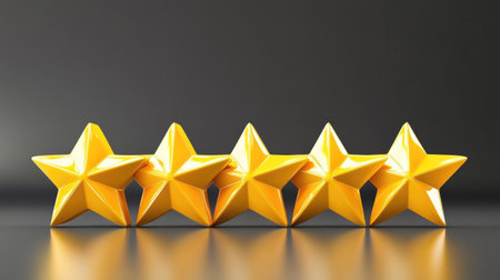 A set of five shiny yellow 3D stars, perfectly aligned to signify unparalleled quality and customer satisfaction.の素材