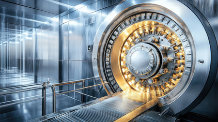 An enormous, reinforced bank vault door, highlighting its strength and the security it provides for valuable assets.の素材