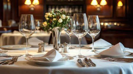 An opulent dining experience awaits with a stunningly set table in a high-class restaurant, where every detail is perfectly arranged.の素材