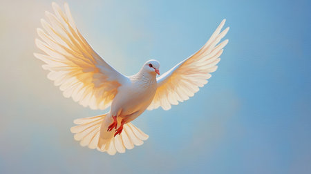 The Holy Spirit as a majestic dove, soaring upwards with wings fully extended, bathed in a divine glow against a clear blue skyの素材