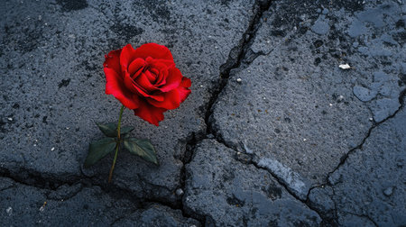 A vibrant red rose blooming through a crack in the grey concrete of a city street, standing out as a symbol of hope amidst urban life.の素材