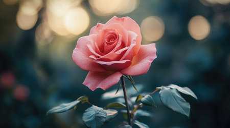 A rose in full bloom, surrounded by soft-focus greenery, highlighting the flowerdelicate beauty.の素材