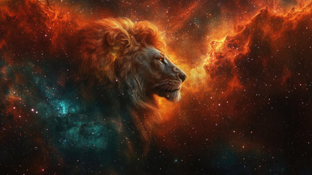 Leo's fiery spirit shines bright in space, with the sign surrounded by ethereal nebulas and the distant light of stars.の素材