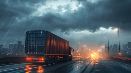 A truck with a cargo container speeding down a highway at night, surrounded by the glow of city lights and under a cloudy sky.の素材