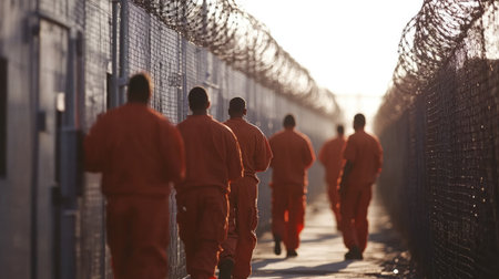 Inmates walk in formation during their designated yard time, the prison walls and barbed wire a constant reminder of their confinementの素材