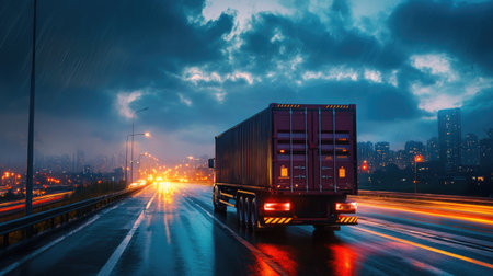 A truck with a cargo container speeding down a highway at night, surrounded by the glow of city lights and under a cloudy sky.の素材