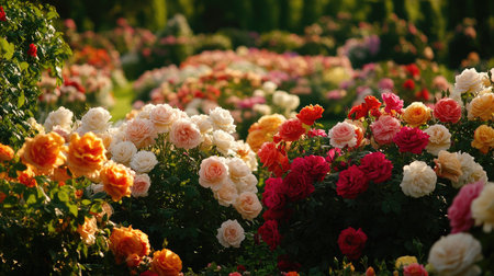 A rose garden in full bloom, with various colors of roses creating a vibrant and fragrant landscapeの素材