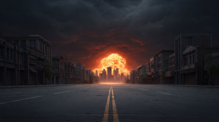 A striking apocalyptic scene featuring a fiery explosion illuminating a desolate urban area under ominous clouds, evoking feelings of fear and devastation in a haunting landscape.の素材